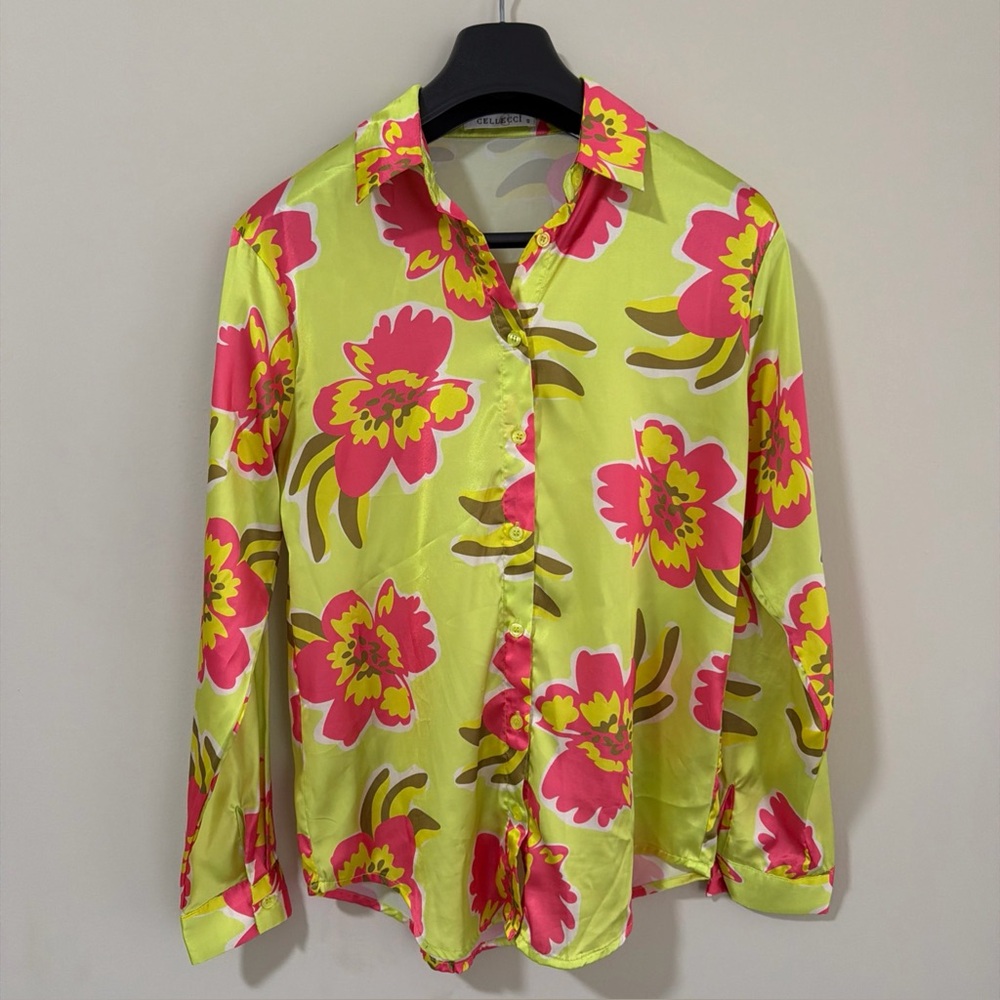 Floral Satin Button-Down Shirt in Lime & Pink